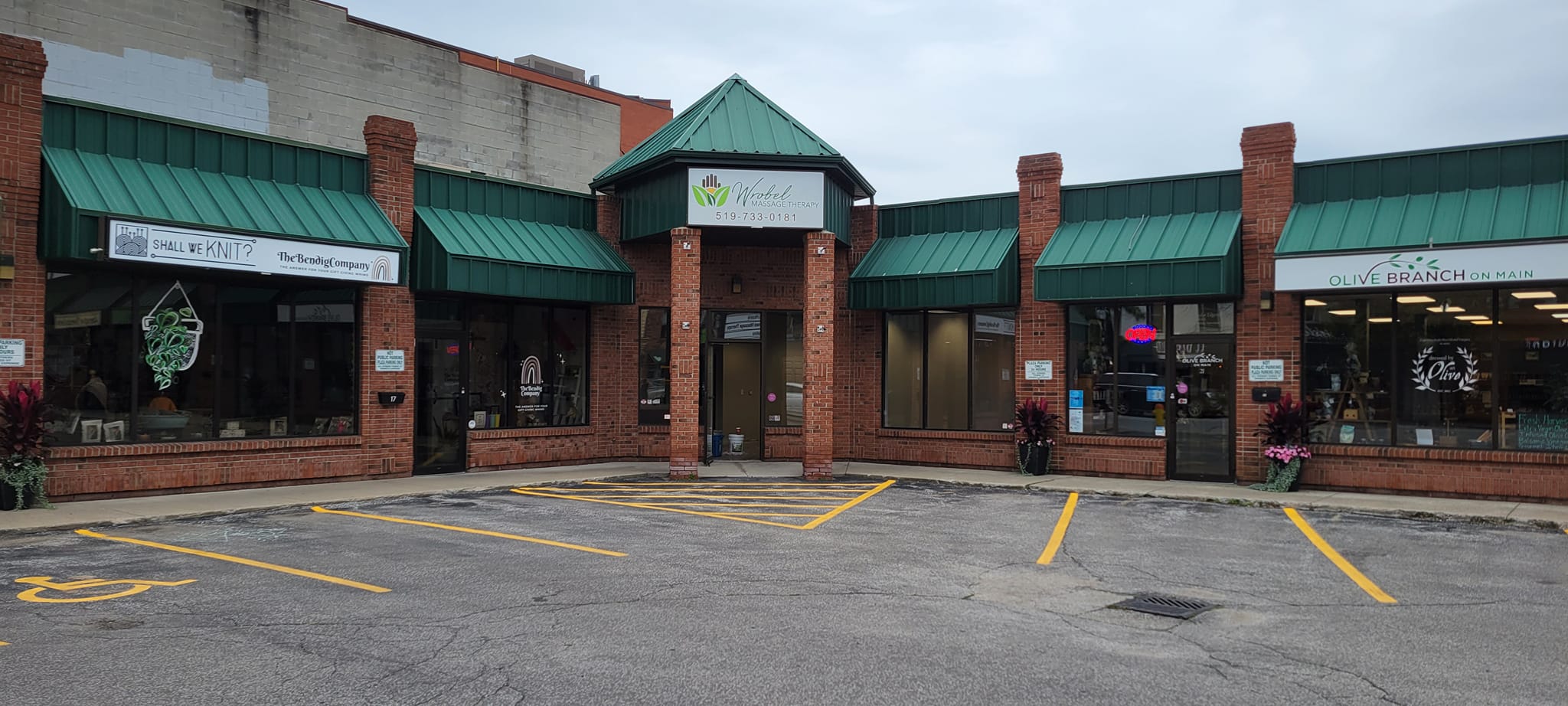 Exterior view of the Wrobel Massage Therapy clinic building located in Kingsville, Ontario.